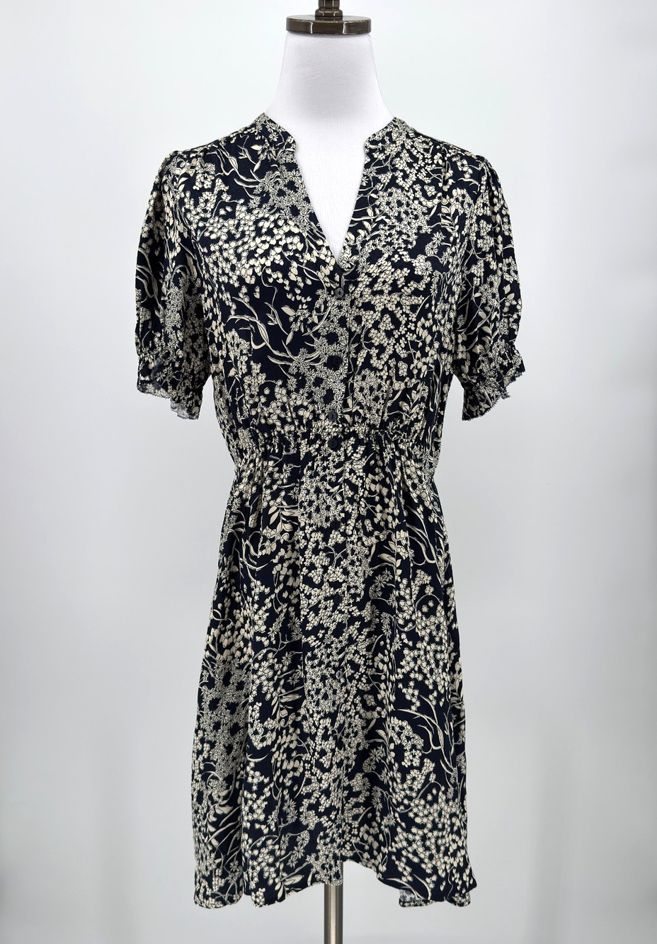 Ba&sh Maia Lady Navy Blue White Floral V Neck Short Sleeve Mini Dress Sz 2